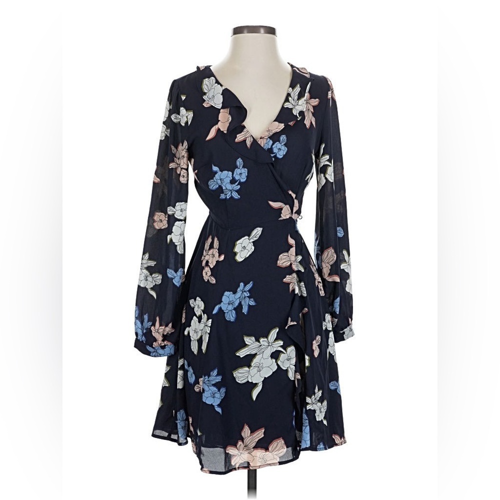Astr Long Sleeve Floral Dress - Black with Blue and Pink
